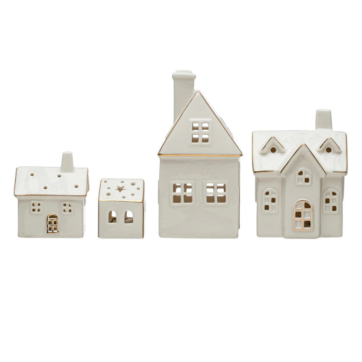 Stoneware Village w/ LED Lights & Gold Electroplating, Set of 4